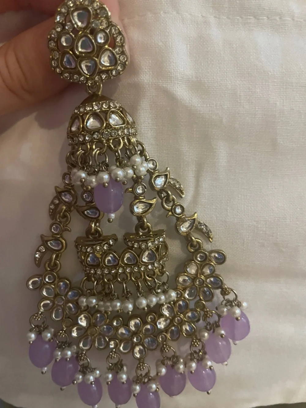 Golden Floral purple & pearl Chandbali Earrings - Picture 4 of 4
